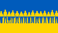 Grafik mit einer stilisierten Reihe von Menschen in Gelb auf einem zweigeteilten Hintergrund: oben blau und unten gelb. Die Farben und das Design erinnern an die Flagge der Ukraine und symbolisieren Gemeinschaft und Zusammenhalt.