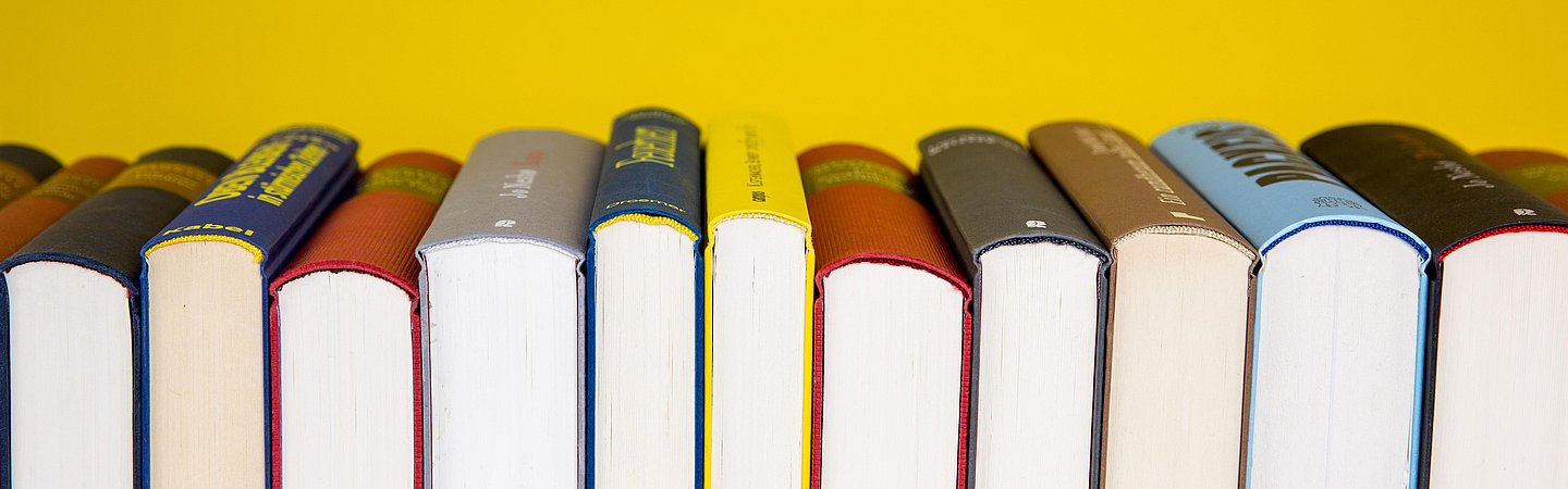 Mehrere Bücher stehen aufgereiht mit dem Buchrücken nach oben vor einer gelben Wand. 