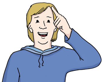 Ein Mann im blauen Pulli fasst sich mit der Hand an den Kopf und signalisiert damit Verständnis. 