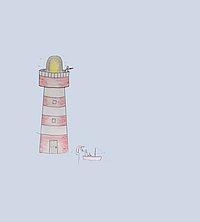 Ein roter Leuchtturm steht auf einer Insel im Wasser. Am Fuße des Leuchtturms reicht eine Person von Land aus einer anderen in einem Segelboot die Hand. Neben dem Boot ist ein Anker zu sehen. Oben auf dem Leuchtturm steht eine Person mit einem Fernrohr. 