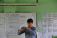 Felix erklärt vor einer Tafel in einem Klassenzimmer in Myanmar, auf der Diagramme und Texte zu sehen sind.